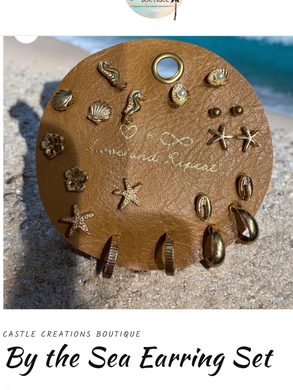 Gold Seashell & Starfish Stud Earring Set on Brown Leather Card